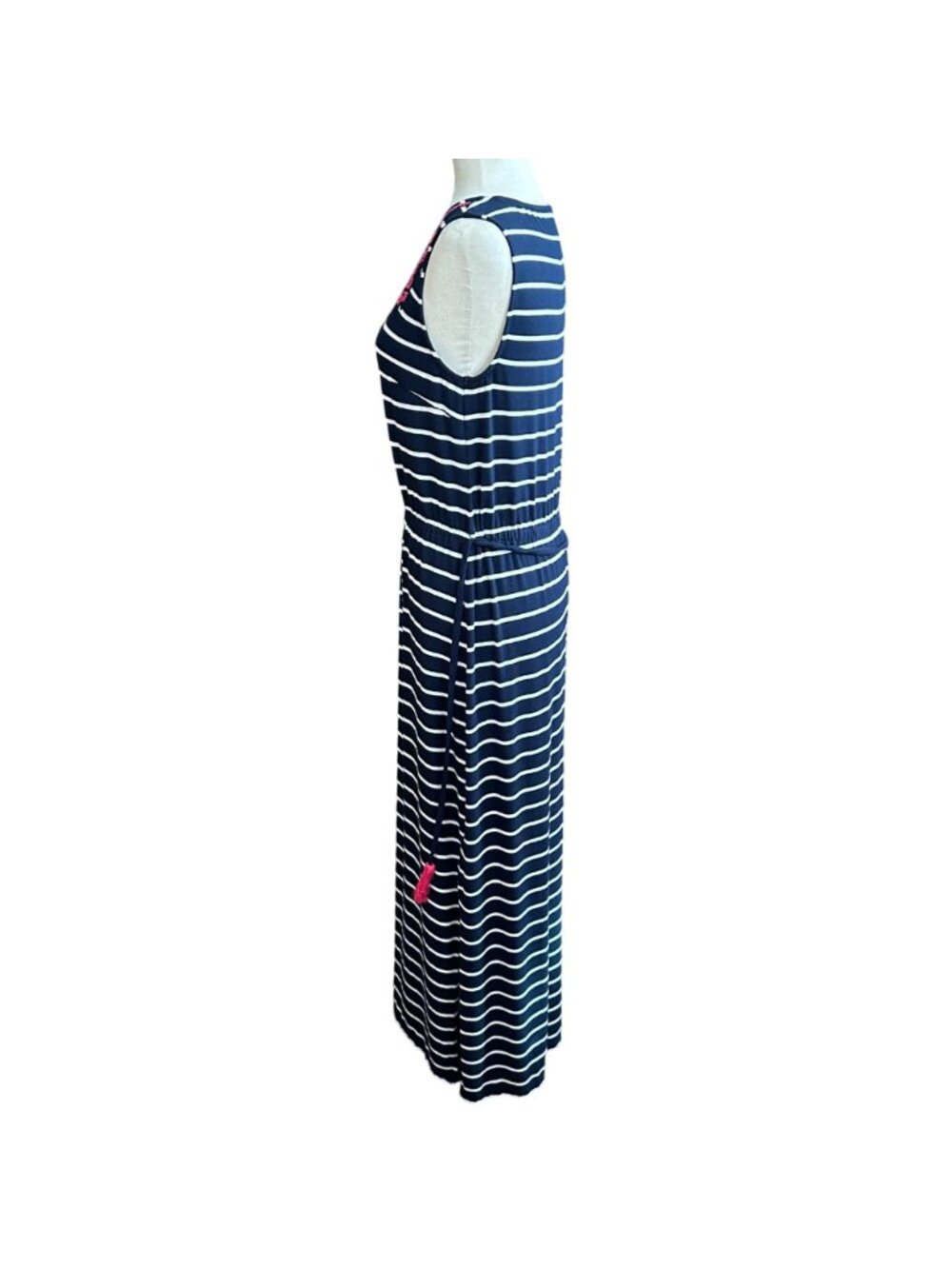 Talbots Dress Women M Petite Navy Blue White Striped Pink Embroidered Maxi Dress - Picture 3 of 16